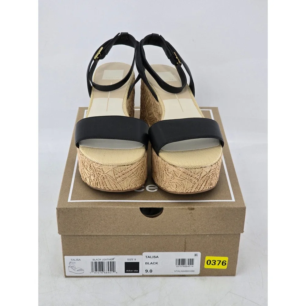Dolce Vita Talisa Wedge Sandals Womens 9 Black Leather Espadrille - NEW